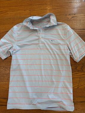 Vineyard Vines White Performance Polo with Blue & Red Stripes